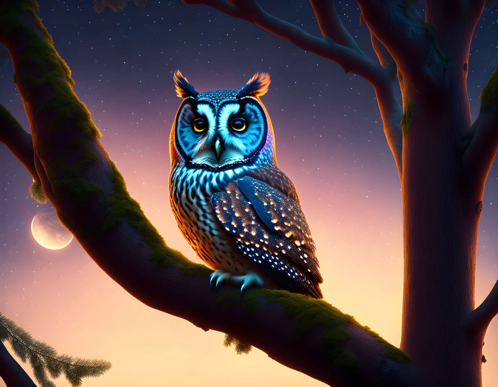 Colorful Stylized Owl on Branch Under Crescent Moon