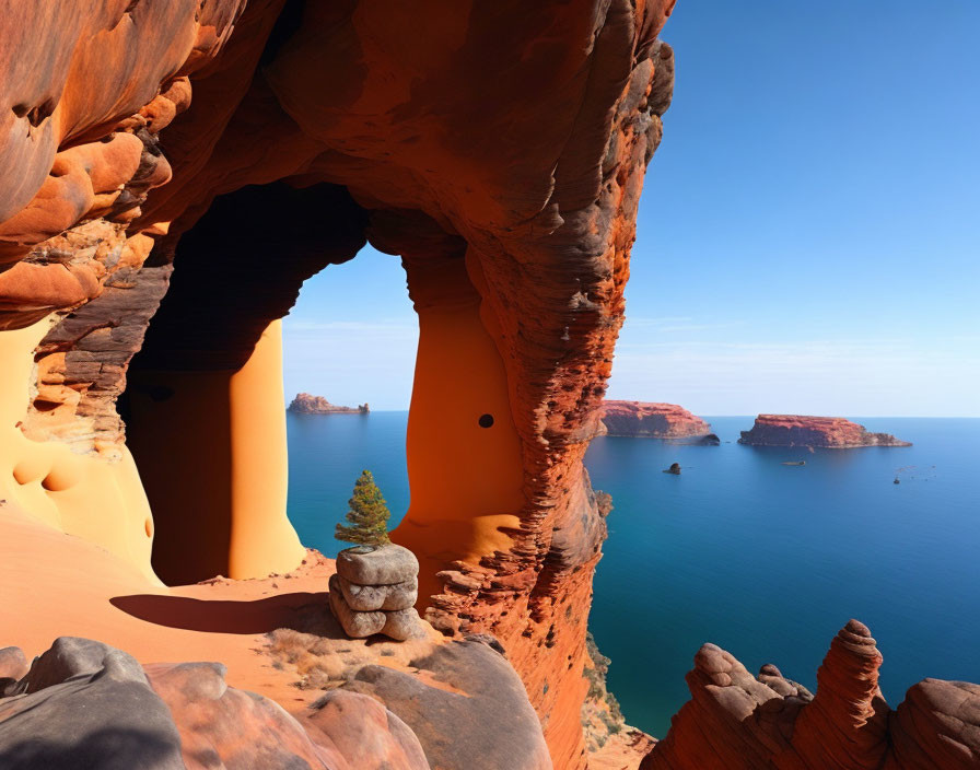 Stone arch with dual openings above serene blue sea and distant islands under clear sky