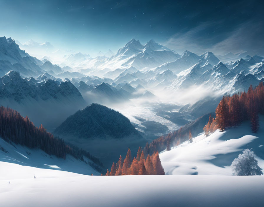 Snow-covered winter landscape with evergreen and orange trees and mountain peaks