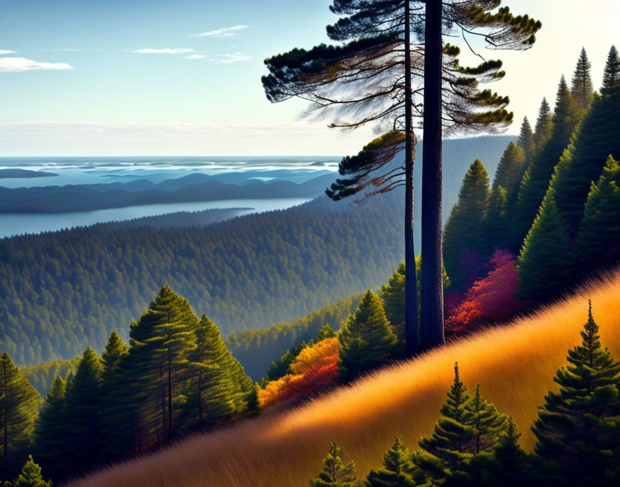 Autumn Pine Forest Overlooking Blue Waters