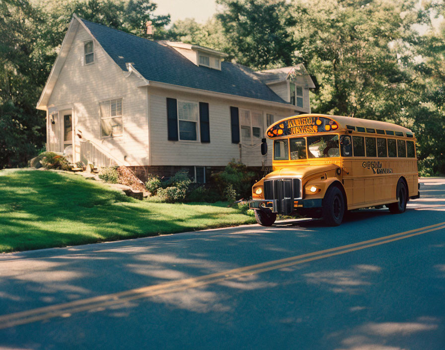 Yellow school bus parked in front of suburban house on sunny day