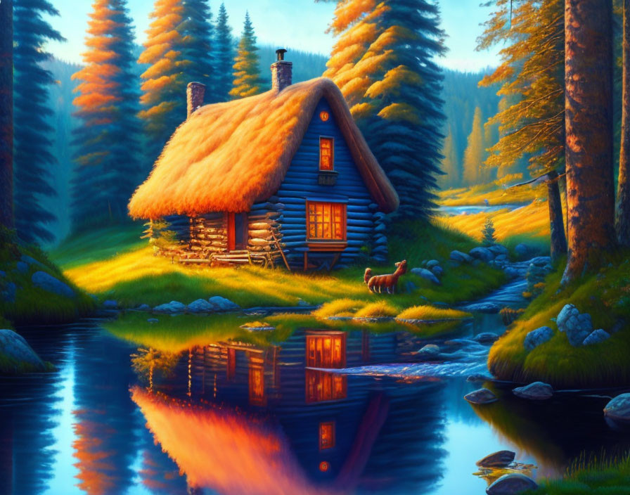 Thatched Cottage by Forest River at Sunset