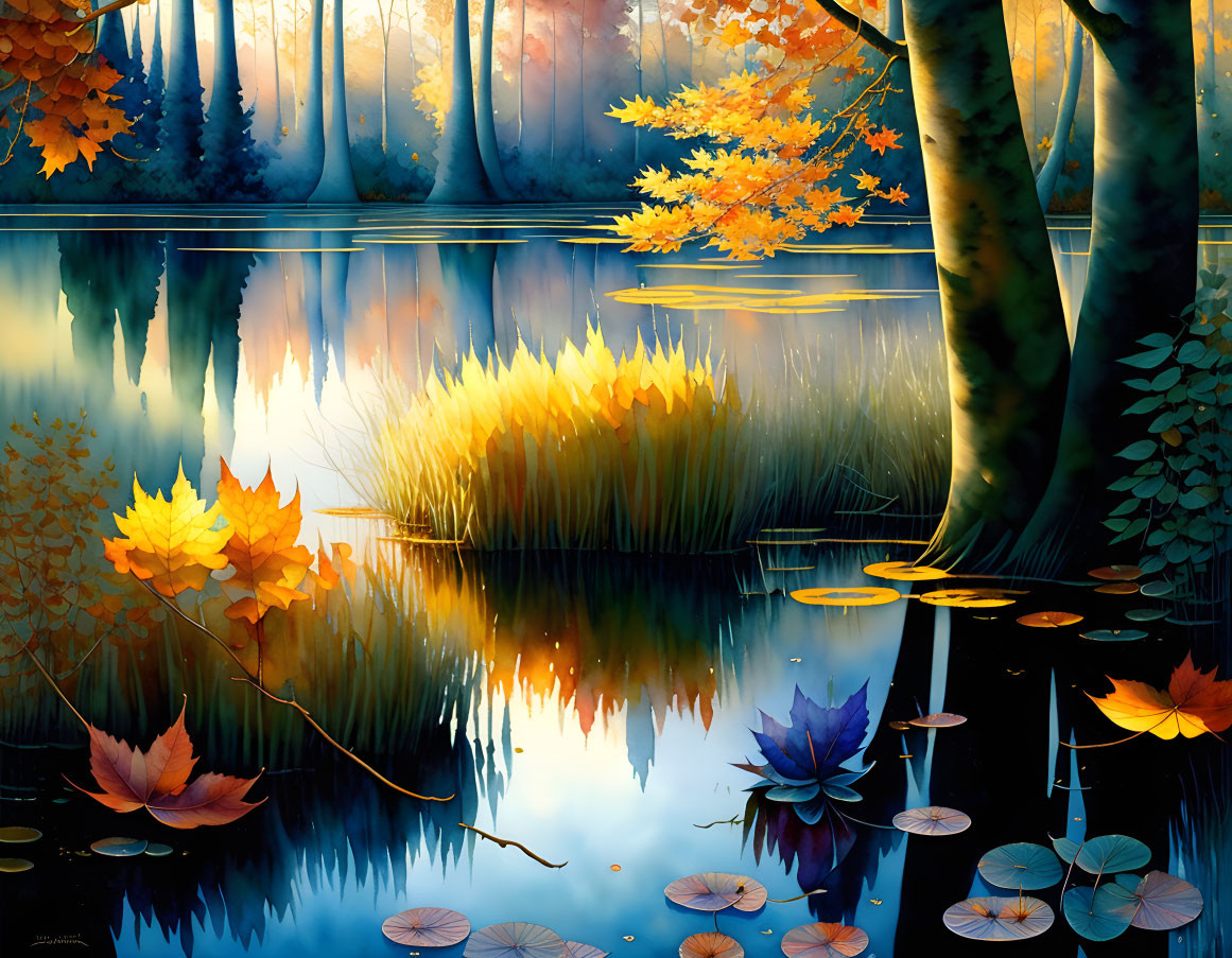 Colorful Autumn Trees Reflecting in Calm Water with Fallen Leaves