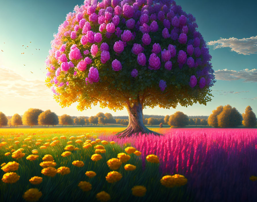 Colorful tree with purple blooms in sunny field of flowers