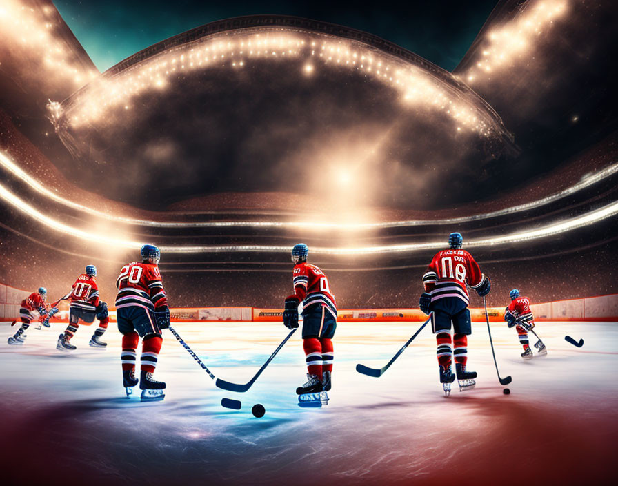 Professional hockey players on ice rink with dramatic lighting and vibrant crowd.