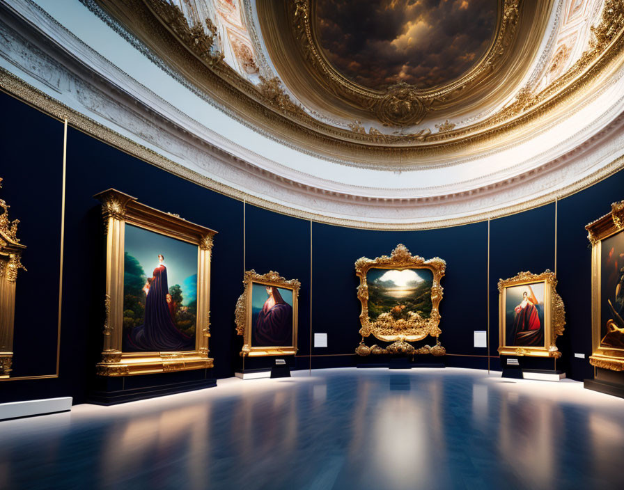 Classical Paintings in Ornate Art Gallery