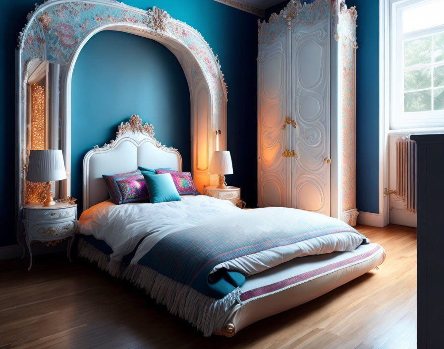 Luxurious Bedroom with White Bed, Blue Linens, Ornate Decor