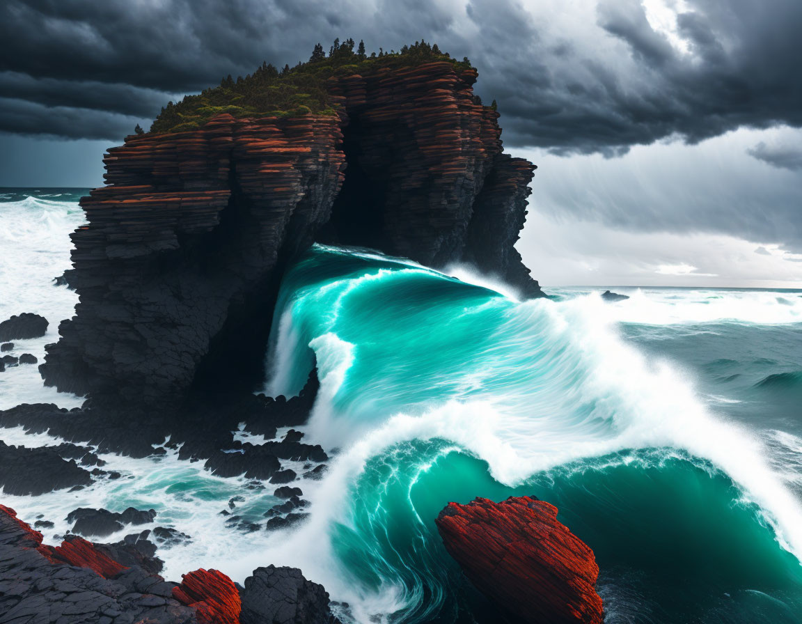 Stormy Sky Over Turquoise Wave Crashing on Red and Black Cliffs