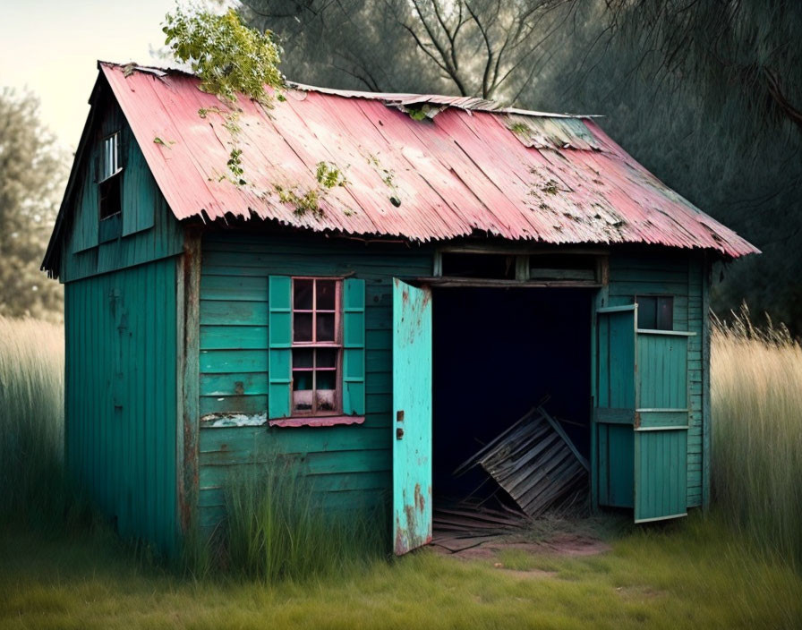 Weathered turquoise shack with fading red roof in dimly lit setting