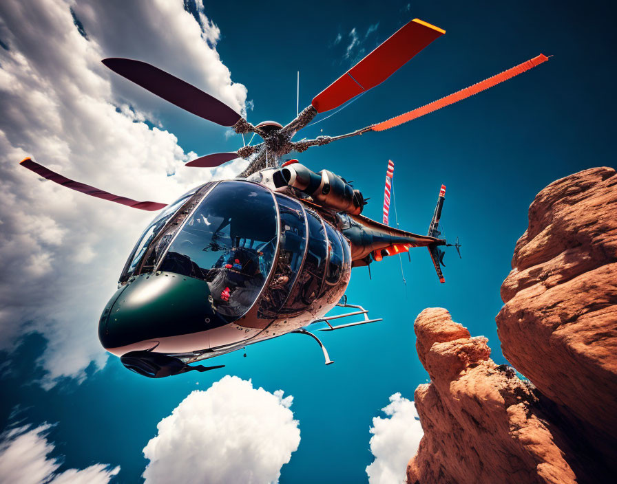 Red and White Bladed Helicopter Suspended Between Rocky Outcrops