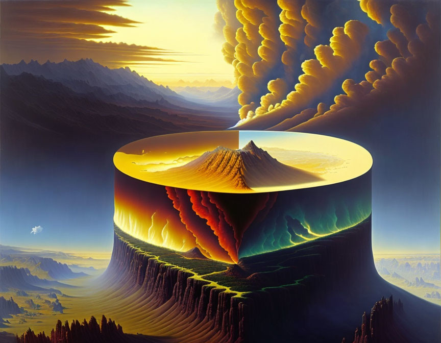 Surreal landscape with cylindrical earth slice and volcano center