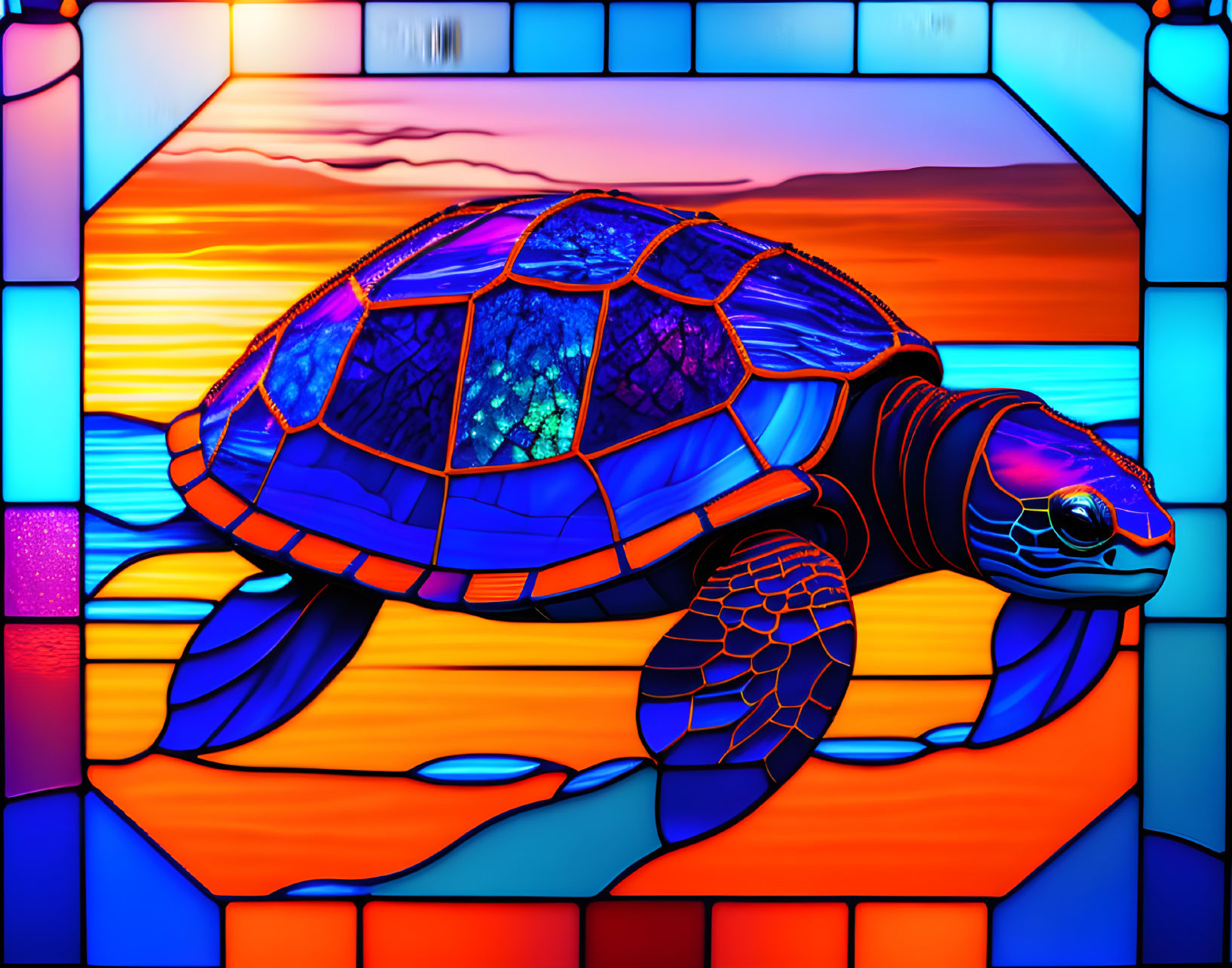 Colorful Stained Glass Artwork: Sea Turtle in Sunset Ocean