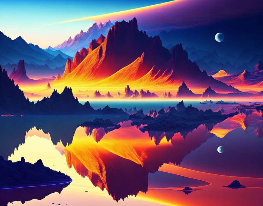 Digital landscape with orange and blue hues, mountain peaks, reflective water, and two moons in the sky