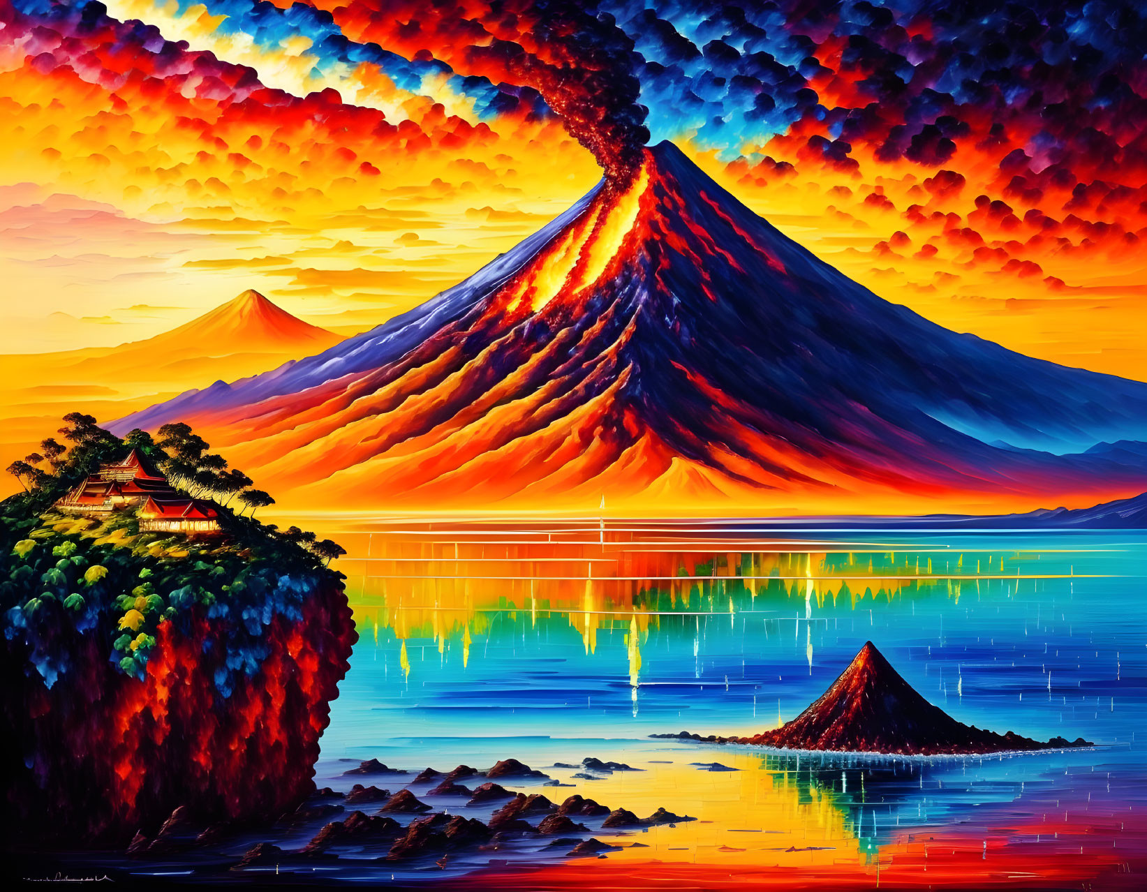 Colorful painting of erupting volcano, fiery clouds, serene water, temple, distant volcano.