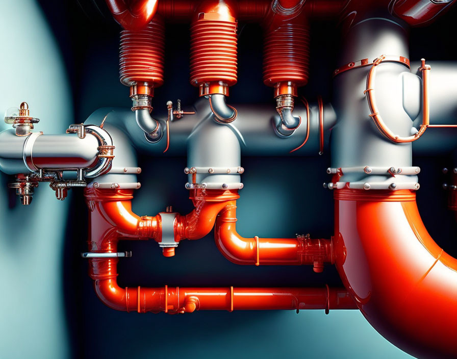 Glossy red and white pipes with valves and connectors on blue background