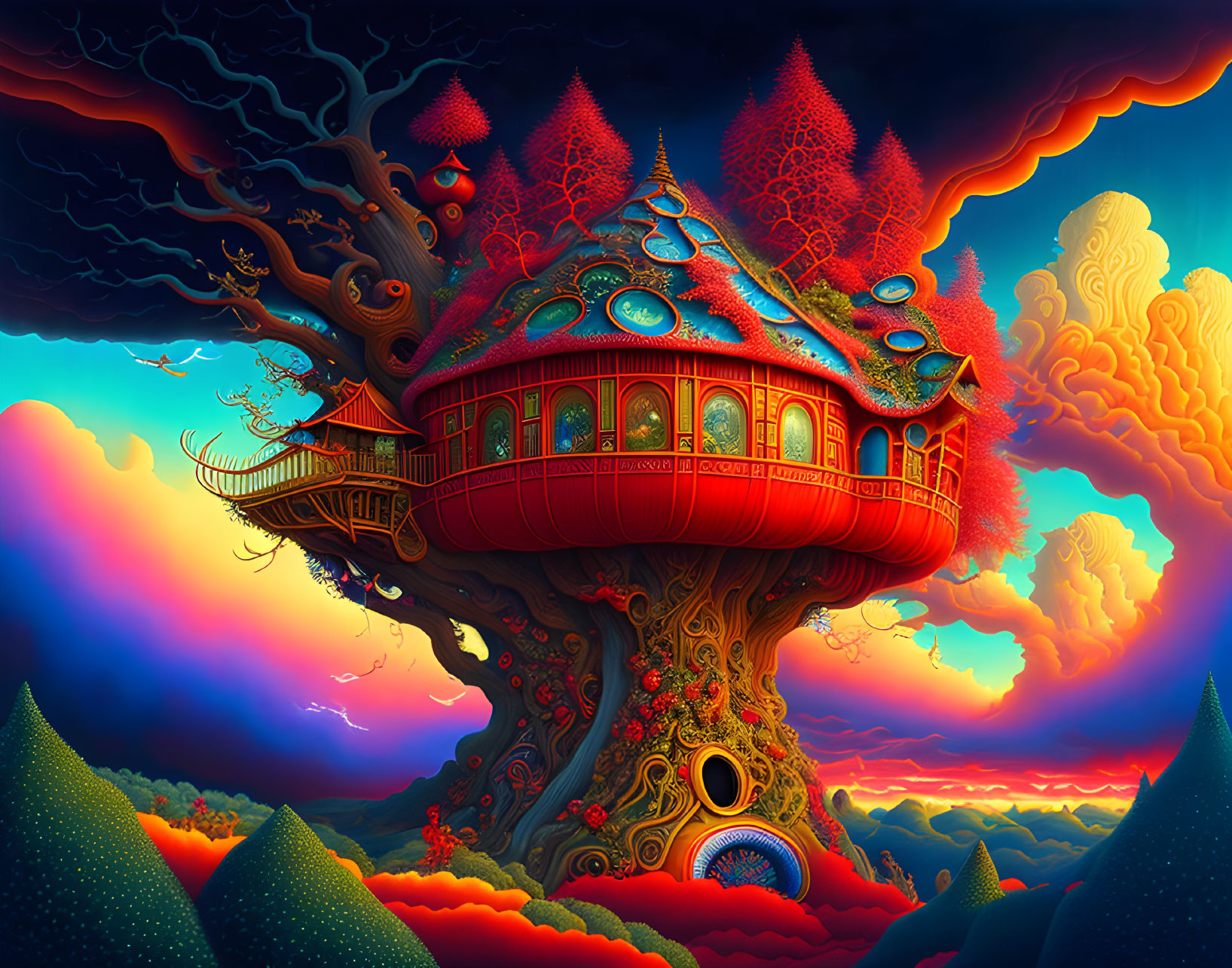 Colorful Treehouse Artwork with Intricate Designs & Vibrant Sky