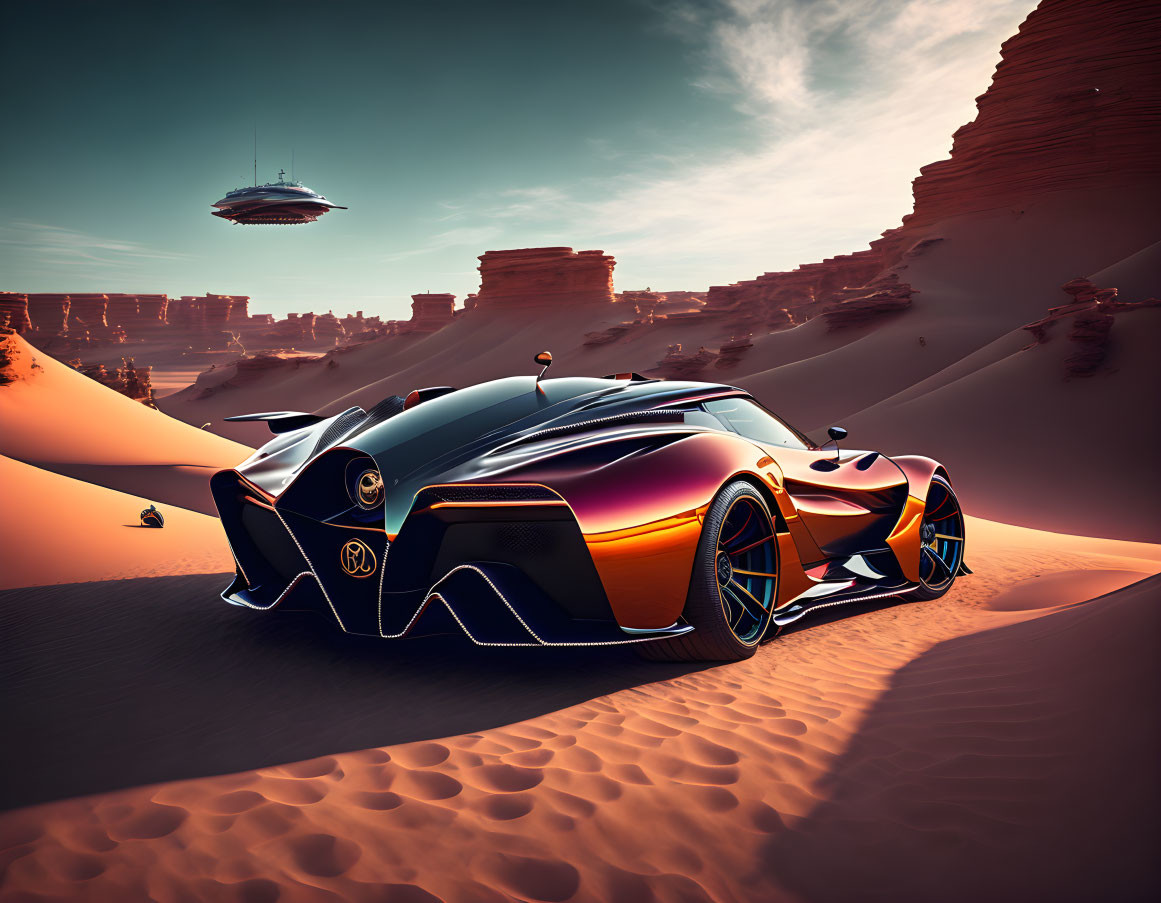 Futuristic sports car in desert with dunes and flying saucer