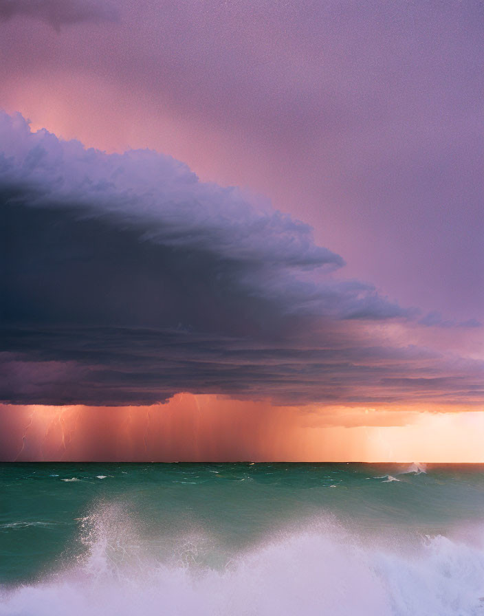 Dramatic stormy seascape with purple sky and lightning