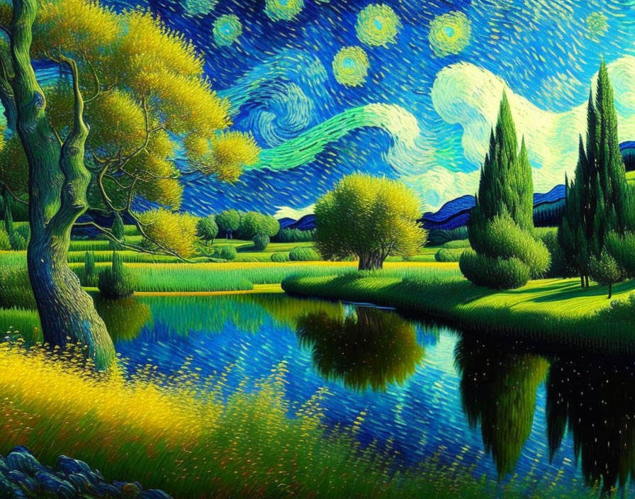 Landscape painting: swirling starry sky, tranquil river, lush trees, field