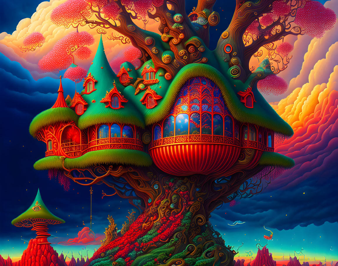 Colorful fantasy artwork: Whimsical treehouse in surreal landscape