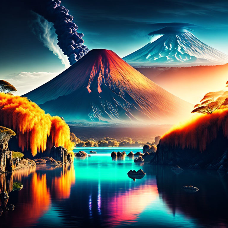 Surreal landscape: Twin smoking volcanoes, colorful lake, orange foliage