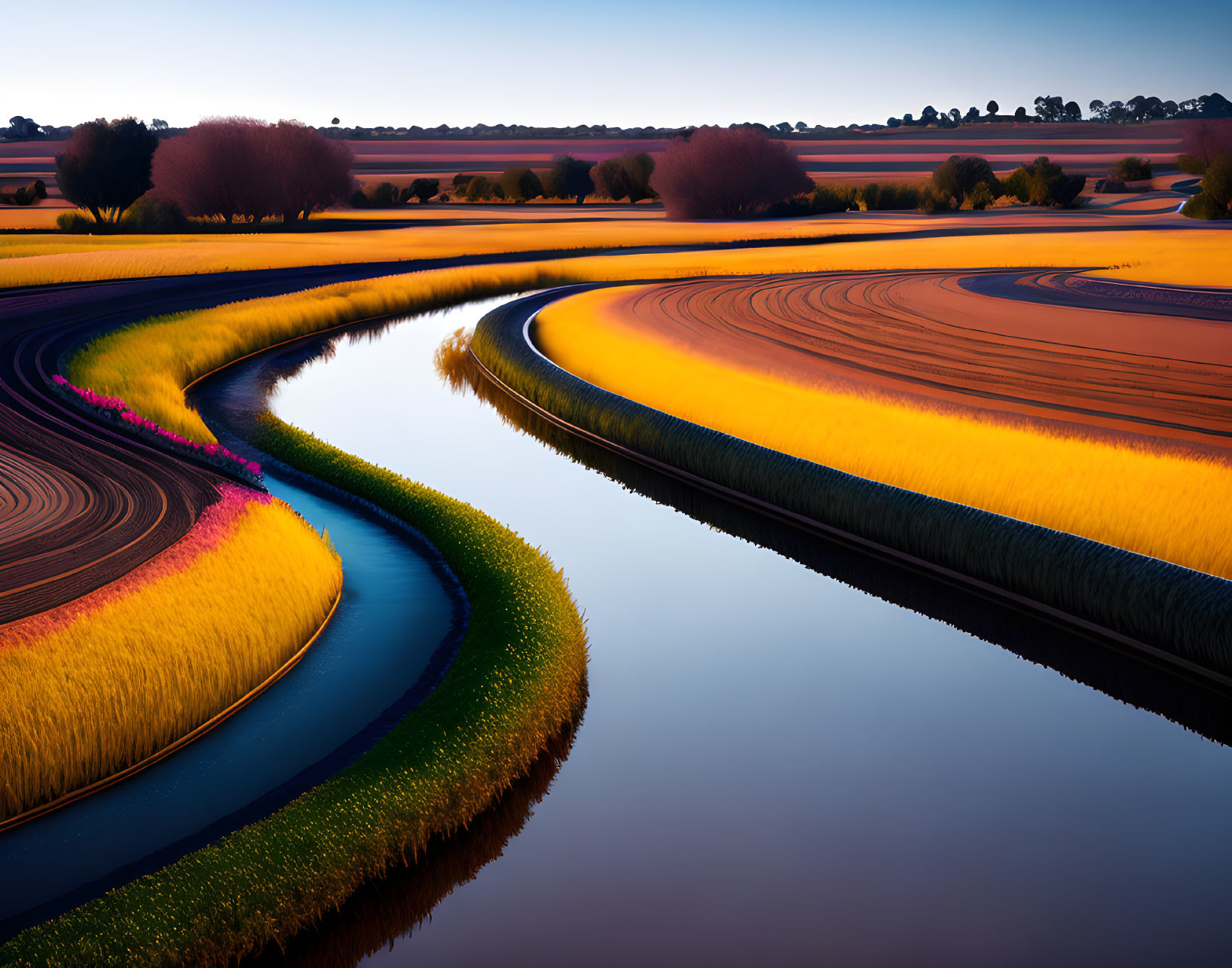 Vibrant agricultural fields with winding pattern and colorful hues under twilight sky