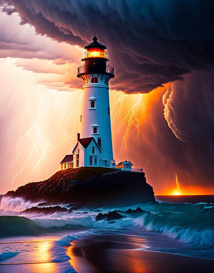 Dramatic lighthouse scene with lightning, crashing waves, and sunset