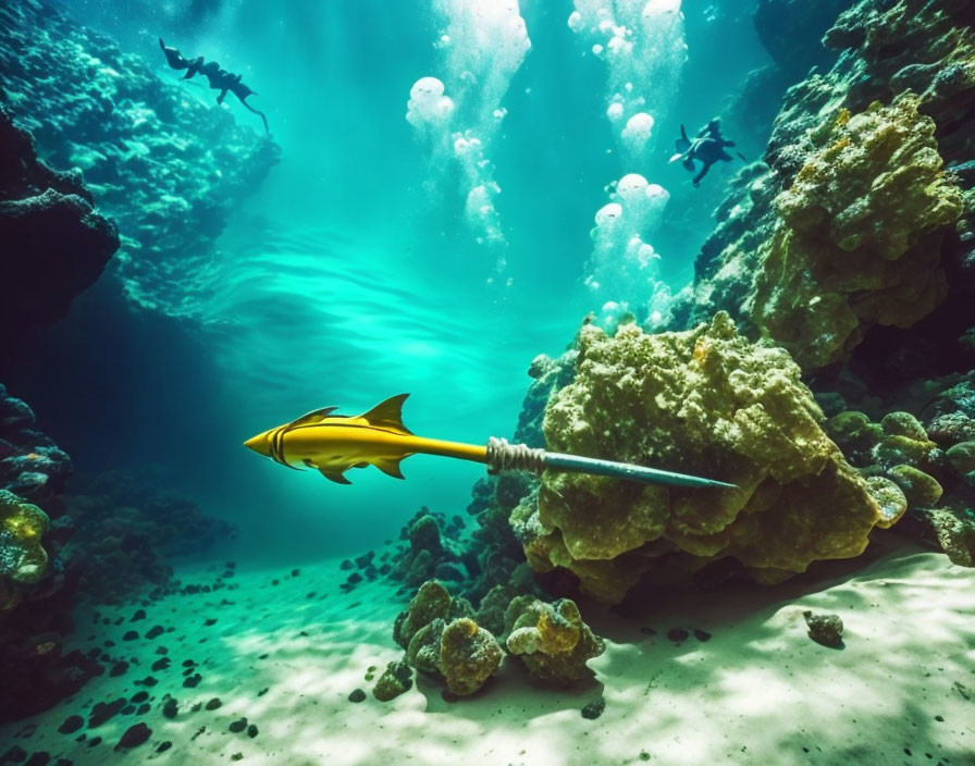 Yellow fish with spear-like tail near coral formations and divers in ocean.