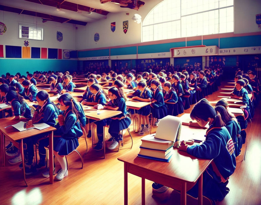 Students writing exams in school hall with banners and clock.