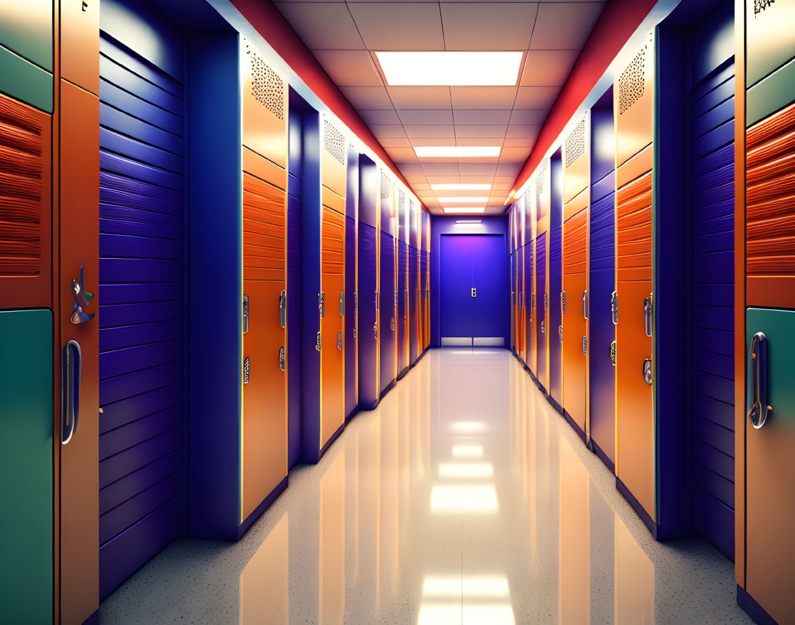 Colorful Lockers in Vibrant School Hallway under Fluorescent Lighting