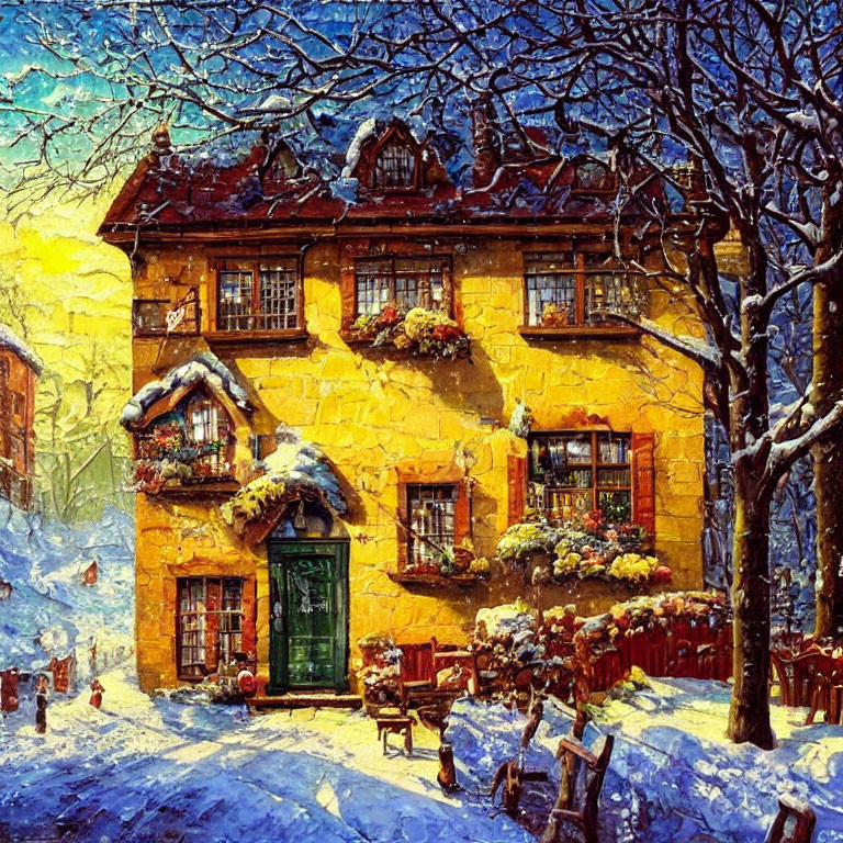 Quaint Yellow House with Green Door in Snowy Setting