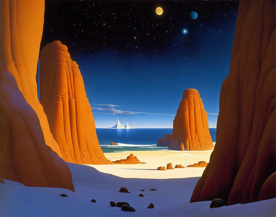 Desert landscape with red rock formations and beach sailboat under starry sky