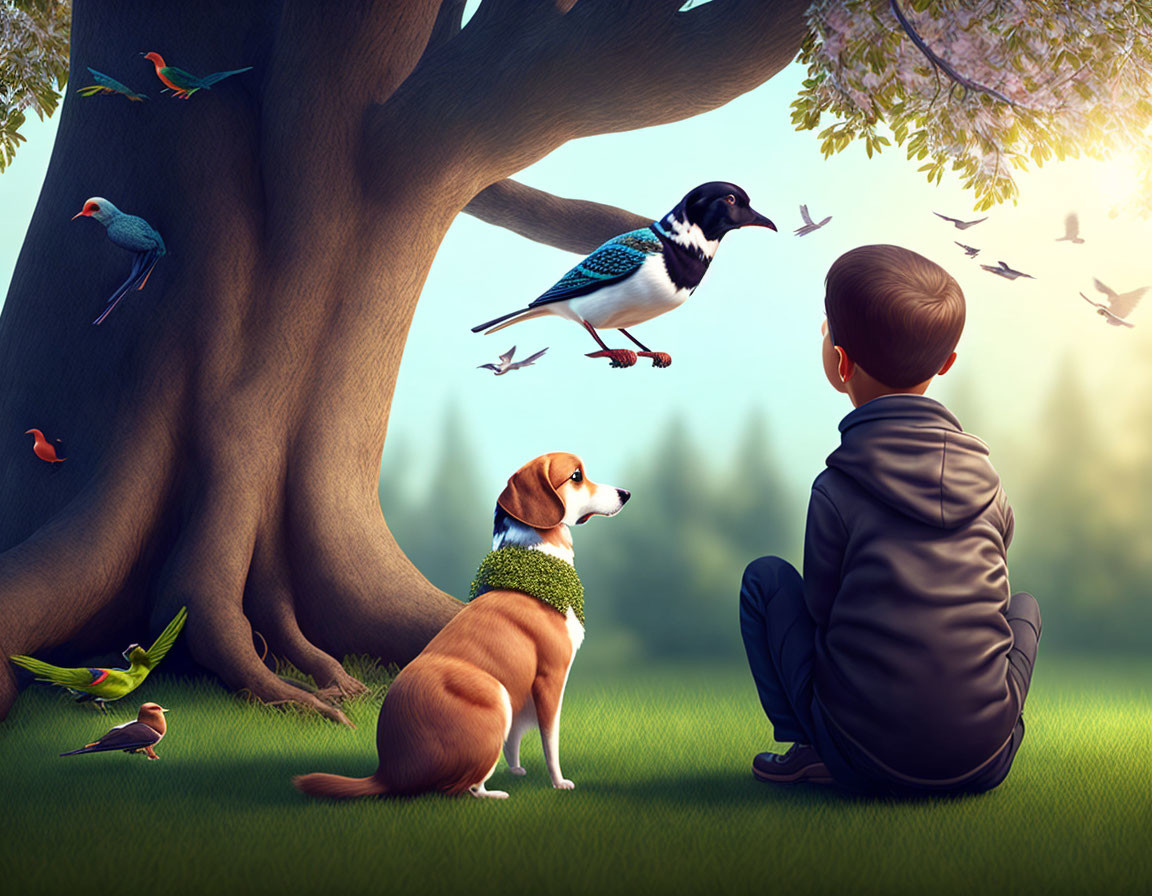 Boy and dog in green sweater under tree watching birds in serene landscape