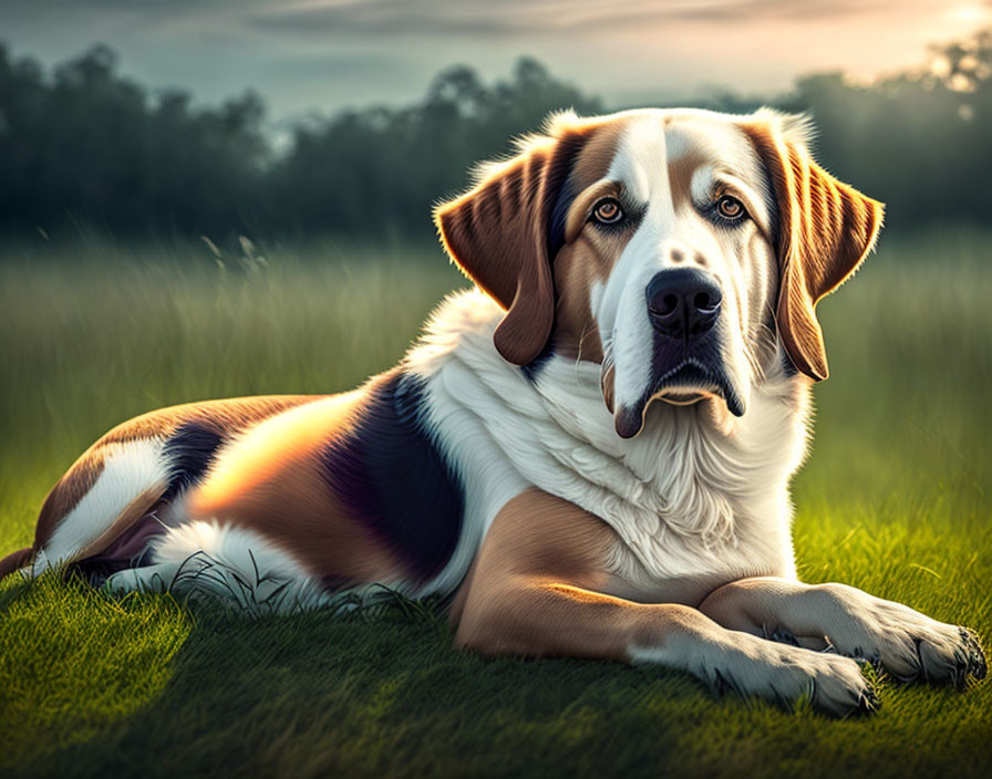 Tricolor dog with droopy ears resting on grass at golden hour