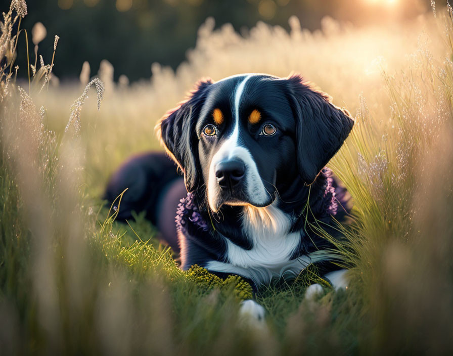 Black and white dog with brown markings in sunlit field with tall grass