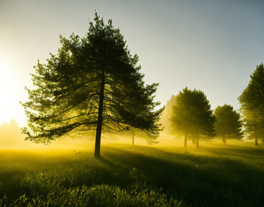 Misty Forest Sunrise Over Green Meadow and Silhouetted Trees