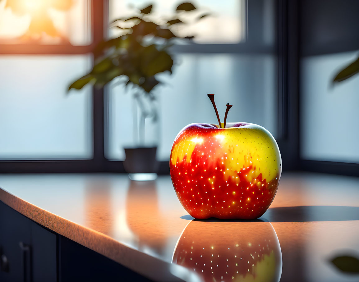 Realistic face drawn on apple on sunlit countertop with window view.