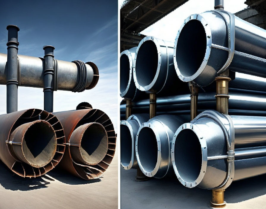 Industrial pipes arranged under clear sky in structure and stacked form.