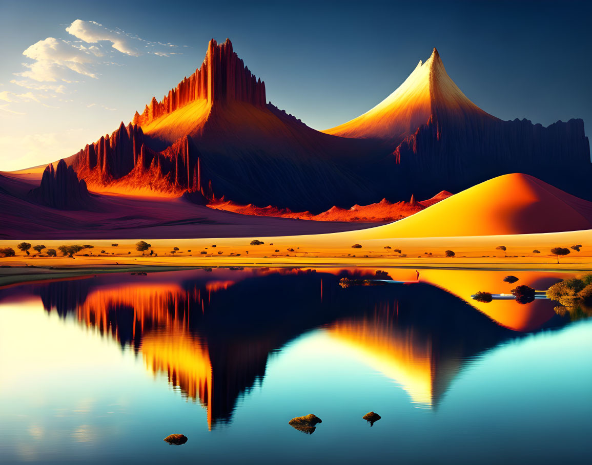 Vivid orange dunes, calm lake, towering peaks in surreal landscape