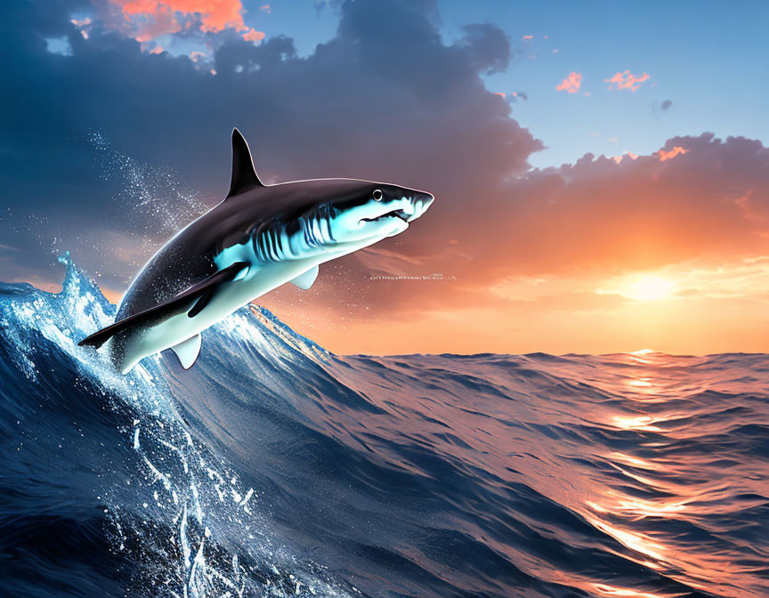 Ocean Shark Leaping at Vibrant Sunset