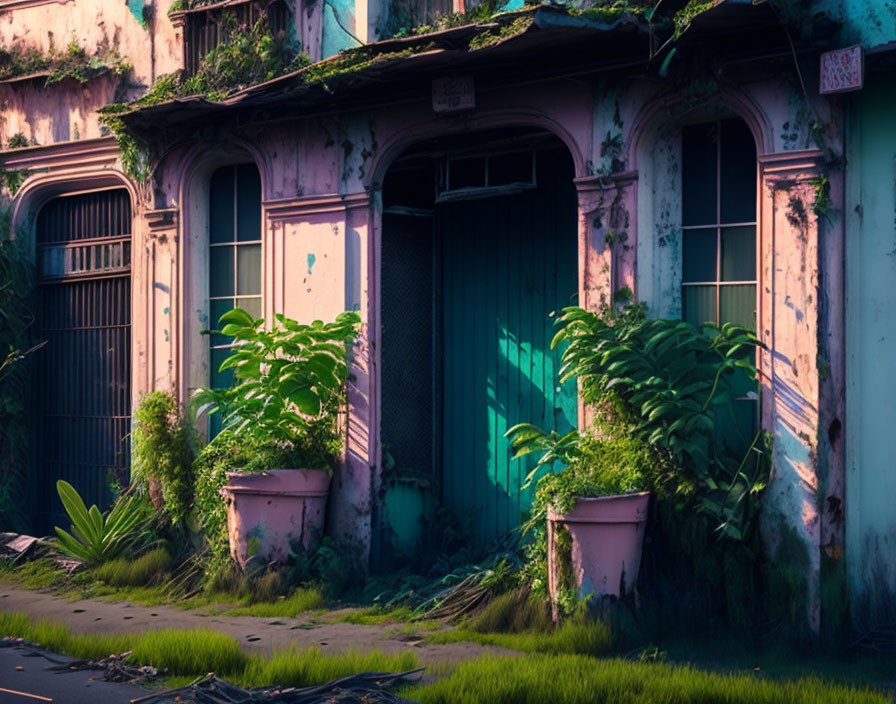 Weathered facade of old house with teal door and potted plants in soft dawn or dusk light