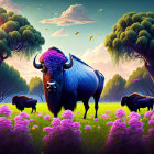 Colorful Bison Illustration in Meadow with Dramatic Sky