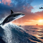 Ocean Shark Leaping at Vibrant Sunset