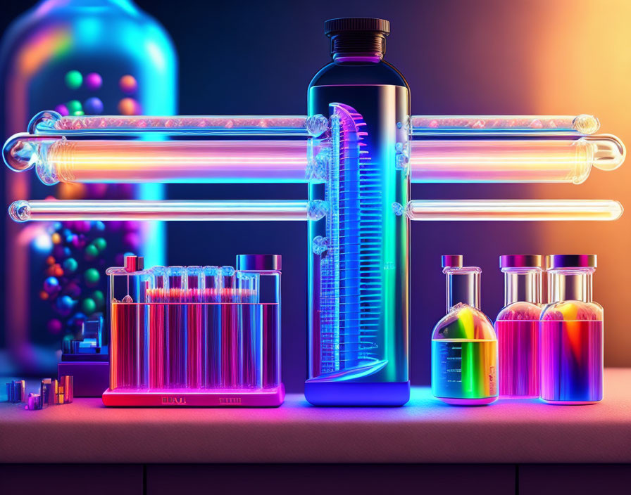 Colorful Chemicals in Neon-Lit Laboratory Setting