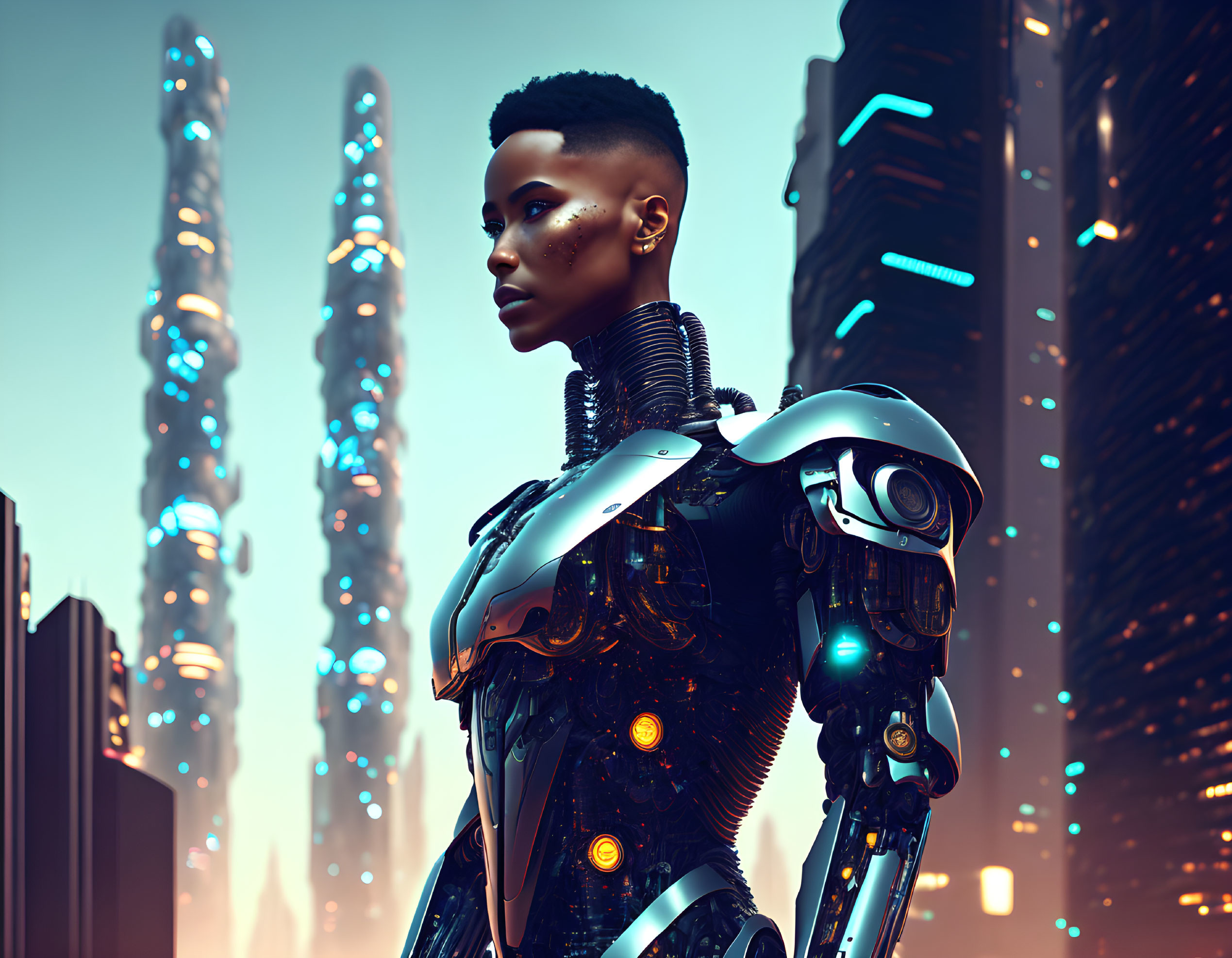 Futuristic female android with sleek metallic body and contemplative gaze amidst cybernetic skyline