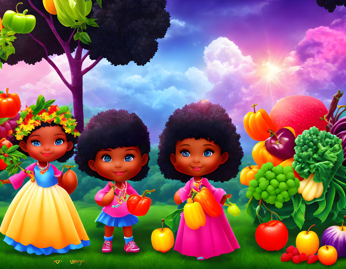 Vibrant garden scene with animated girls and oversized fruits under colorful sky