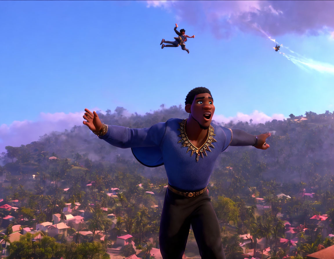 Animated character reaching out in village backdrop with person flying using rocket boots