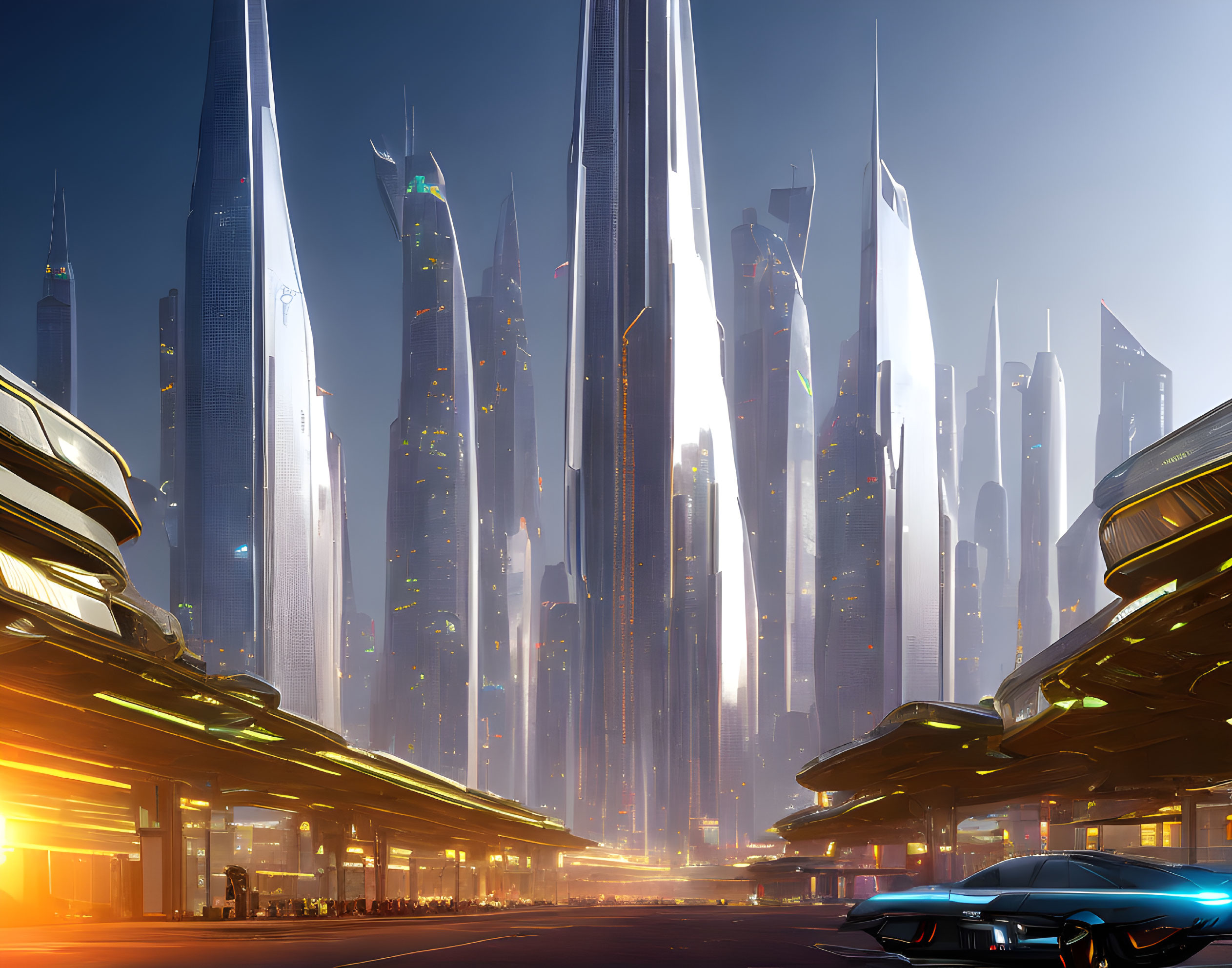 Futuristic cityscape with skyscrapers, lit streets, flying vehicles at twilight