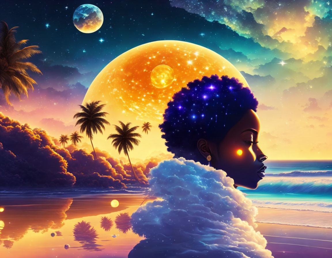 Surreal illustration of woman with starry afro on cosmic beachscape