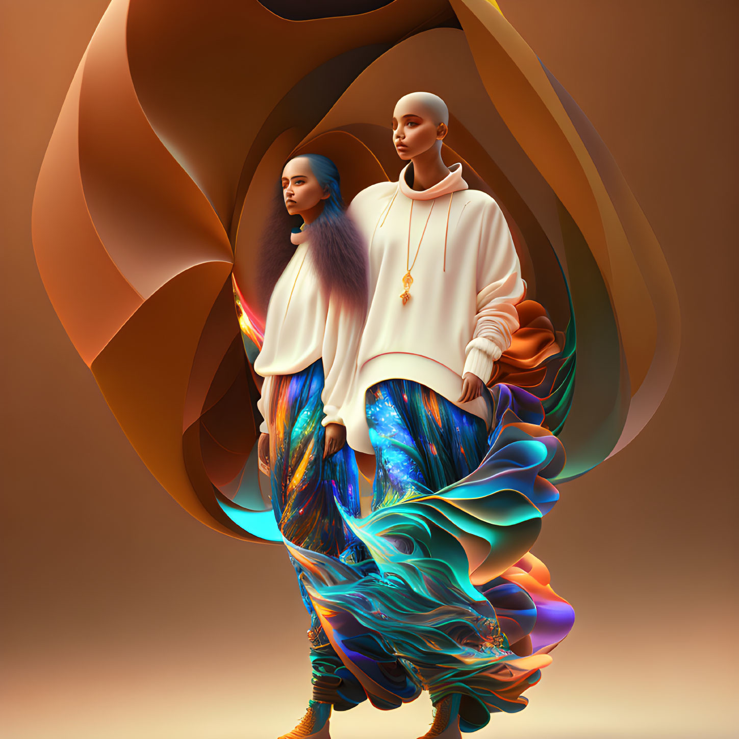 Abstract Art: Stylized Figures in Cosmic Colors on Swirling Brown Background